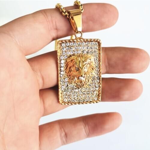 New hip hop rull rhinestone Stainless Steel gold color Lion Head Army Mens Pendant Necklace