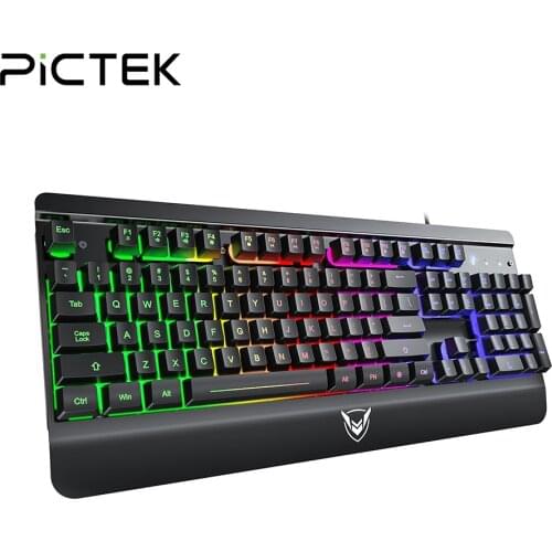 PICTEK PC268 Gaming Keyboard USB Wired RGB Backlit Membrane Keyboard With Wrist Rest 104 Keycaps For PC Computer Russian Sticker