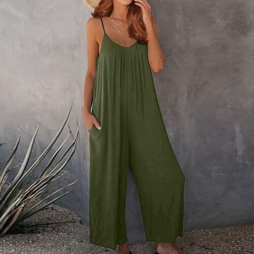 Elegant Rompers 2021 Summer Sexy Sleeveless Jumpsuits Womens Straps Wide Leg Playsuits Casual Solid V-neck Overall 2XL
