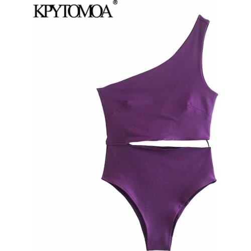 KPYTOMOA Women 2021 Sexy Fashion Hollow Out Skinny Bodysuits Vintage Sleeveless Asymmetric Female Playsuits Mujer