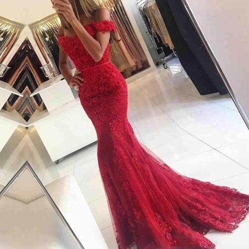Red Lace Mermaid Prom Dresses 2020 Off The Shoulder Beaded Appliques Tulle Floor Length Cheap Long Evening Formal Party Gowns