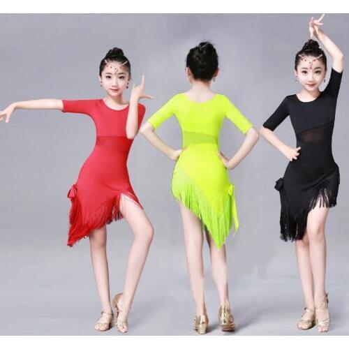 Mid Long Sleeve Lace Mesh Mordern Ballroom Dancing Dresses For Kids Sexy Salsa Tango Skirt Children Latin Dance Dress For Girls