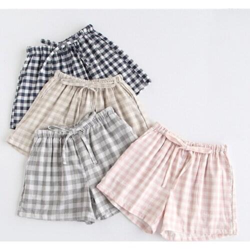 Summer Cotton Gauze Couple Pajamas Shorts Japanese Style Casual Unisex Plaid Pants Star Print Men Women Home Pants Plus Size