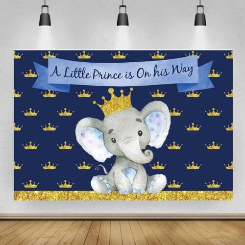 Boy Elephant Backdrop Golden Crown Royal Blue Newborn Backdrop Little Prince Baby Shower Birthday Party Decoration Banner