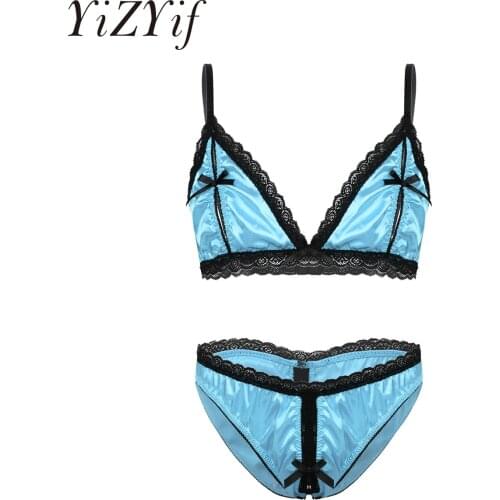 Mens Sissy Silky Satin Lingerie Set Adjustable Lace Trim Shoulder Straps Nipple Splits Bra Top with Crotchless Briefs Underwear