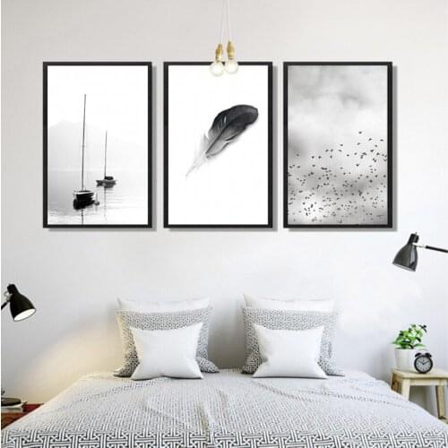 Wall Art Canvas Painting Black and White Feather Landscape Abstract Nordic Poster Print Pictures Living Room Home Office Decor