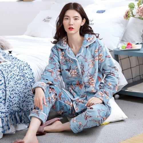 2pcs Womens Pajamas Autumn Winter Thicken Pyjama Keep Warm Sleepwear Sets Women Cute Home Clothes Suit Flannel U-neck Pijama