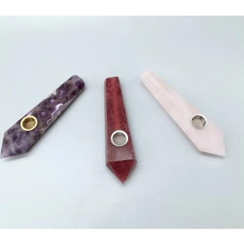 Natural Crystal Stone Smokey Pipe Healing Quartz Rose Crystal Point Wand Gemstone With 5pc Metal Filter + 1Brush