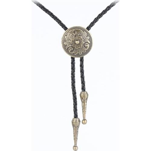 Retro Fashion Bolo Tie Bowtie Round Alloy Carved Flower Long Necklace Trendy Denim Mens Jewelry Gift
