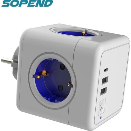 Sopend Powercube Multiple Sockets Wall 4 Outlets 250V 16A 3680W Power Strip EU Plug 2 USB Ports 3.1A 5V with Switch and Type C