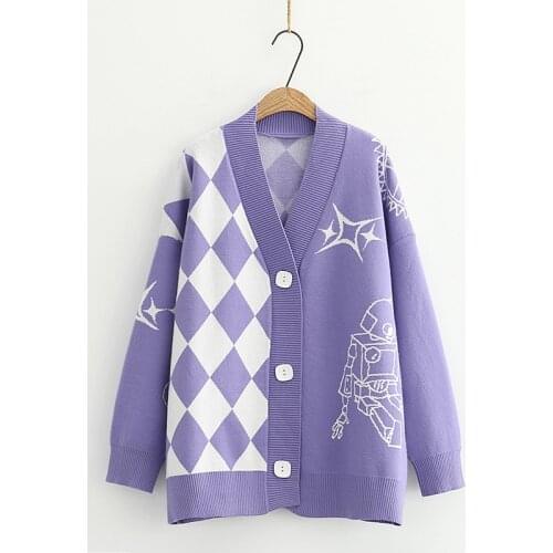 Knitwear Purple Womens Knitting Cardigans V-Neck Loose Button Long Sleeve Autumn Winter Geometrical Cartoon Robot Sweater Coats