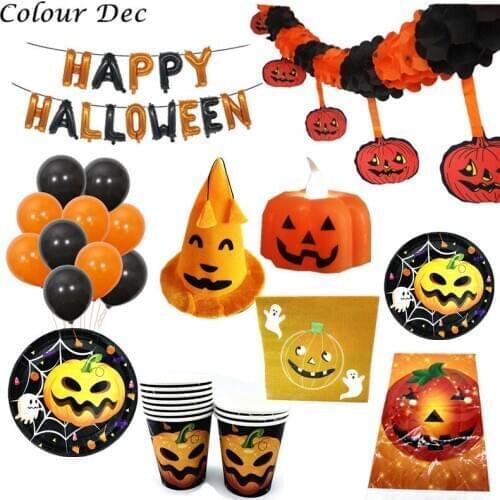 Halloween Decoration Supplies ballon Door Tag Tablecloths Straws Paper Plates Paper Cups banner hat Halloween Party Supplies