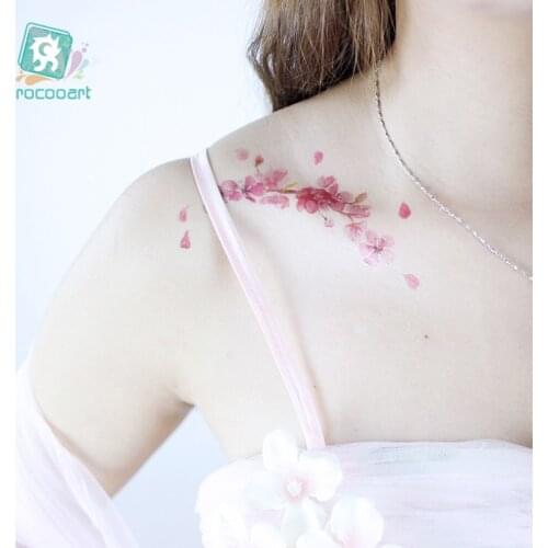 Rocooart Cherry Blossom Sweet Pink Flower Tattoo sticker Temporary Waterproof Women Girls Clavicle arm Tattoo Body Art Design