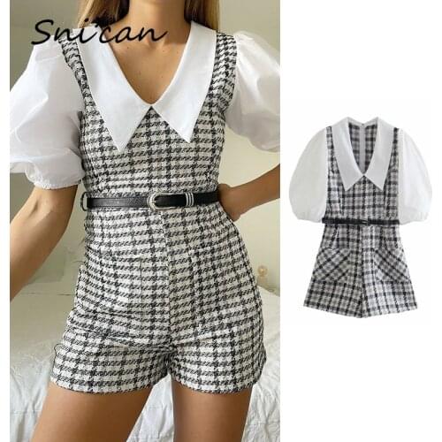 White Black Tweed Plaid Patchwork Jumpsuit Women Za 2021 Spring Female Fashion Bodysuit With Belt Combinaison Pantalon Femme