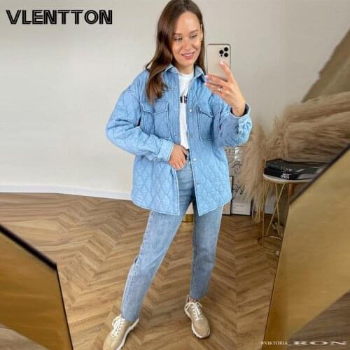 2021 New Autumn Winter Women Coat Oversize Vintage Blue Parka Coat Casual Pockets Warm Loose Cotton Denim Outwear