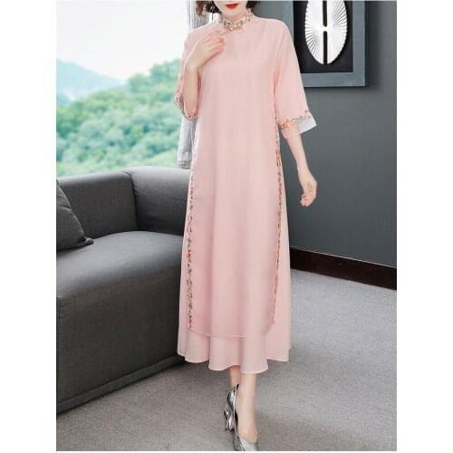 New autumn original Chinese style flower Embroidered big size mandarin collar Cheongsam loosen A-version dress for women