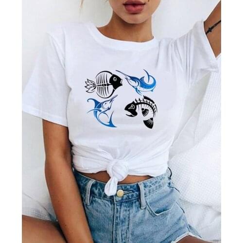 2021 Fashion Women Harajuku Funny Fishbone Cartoon Print T Shirt Casual Short Sleeve Womens T-shirt Soft Female T shirt
