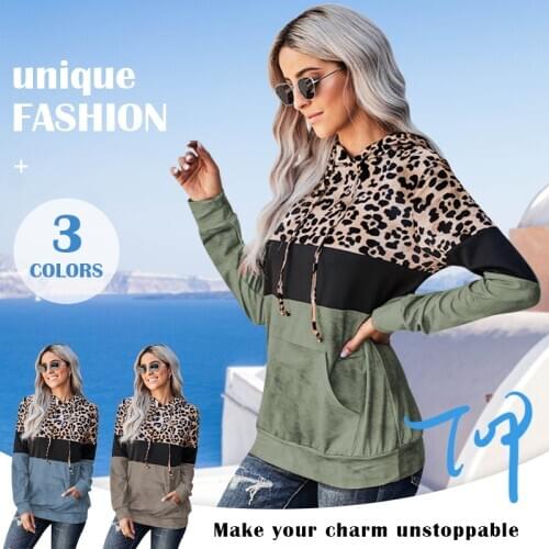 2021 Spring Women Long Sleeve Hoodie Leopard Print Patchwork Color Block Pullover Casual Fashion Trendy Jumper Loose Sweatshirt