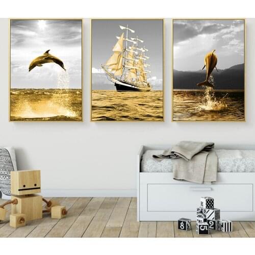 Abstract Oil Painting Large Gold Pictures Canvas Prints Whale Sailboat Posters Modern Decor for Wall Nordic ForLiving Room Art