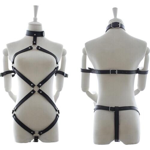 Sex Bondage PU Leather Strap Torso Harness Top with Arm Restraint Straps Adult Women Fetish Wear