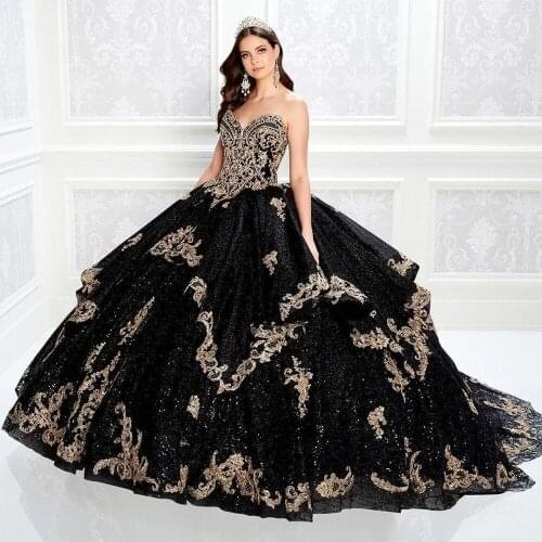 Shining Black Beaded Ball Gown Quinceanera Dresses 2021 Sweetheart lace-up sparkly sequins applique sweety 15 girls prom dress