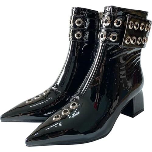 Women Handmade Genuine Leather Patent Leather Ankle Boots Pointed toe Square Heel Rivets Decor Fashion Boots Side Zip Lady Boots