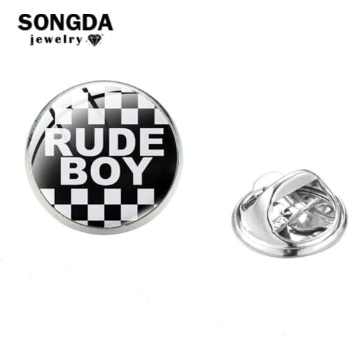 SONGDA Rude Boy Rude Girl SKA Brooch Pin On Clothes Black White Contrast Glass Round Badge Womens Brooches Funny Jewellery Gift