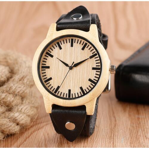 Casual Wooden Watch Leather Band Strap Wrist Watch Unique Rock Men Handmade Nature Wood Bangle Bamboo Wooden Women Gift