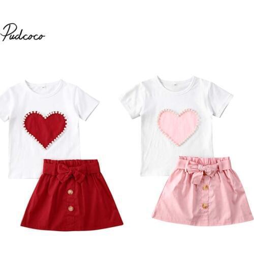 2020 Baby Summer Clothing 1-5T Infant Kid Valentine Clothes Pearls Heart Top Shirt Skirt 2Pcs Set Outfit