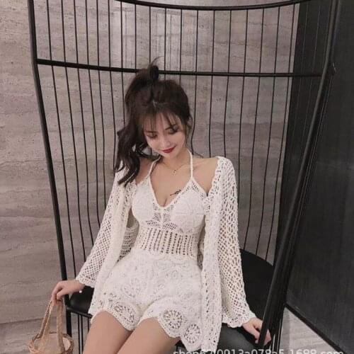 Travel Clothes Korean Womens Set Sweet Sunscreen Shawl Coat Sexy Vest High Waist Shorts Three Piece Set Bikini Beach Dress Swim