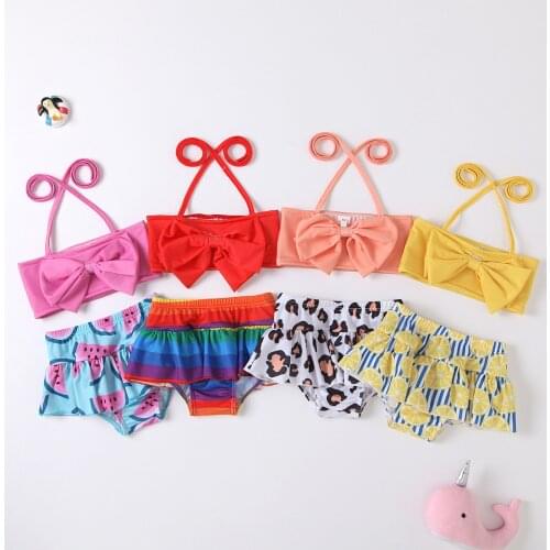 Summer Girls Two-piece Swimming Clothes Set Halter Neck Sleeveless Tops and Printed Pattern Shorts Rosy/ Red/ Orange/ Yellow