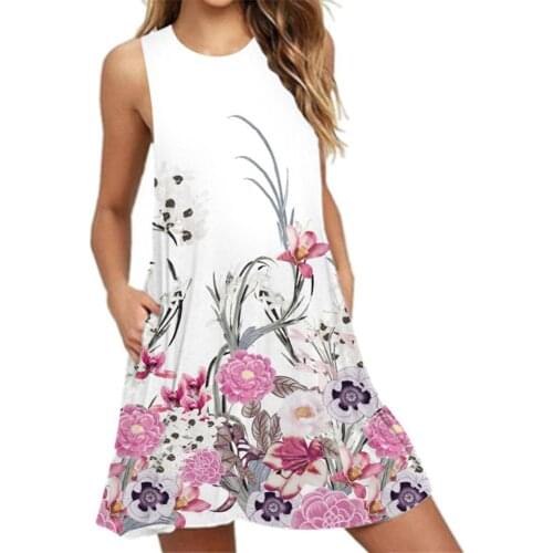 Summer dress Fashion Summer Women Floral Print Sleeveless O Neck A Line Party Banquet Dress robe femme Womens Clothing 2021
