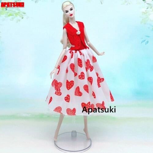 Fashion Doll Clothes For Barbie Doll Outfits Set Party Gown Red Shirt & Heart Love Midi Skirt 1/6 Dolls Accessories Kids Toys