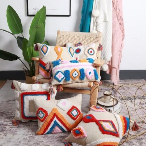 Indian Style Throw Pillow Cover Tassel Colorful Tufted Handmade Embroidery Home Decor Cushion Case Geometric Decorative Pillows