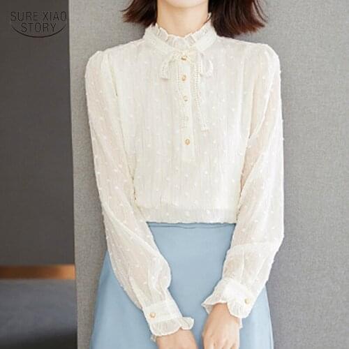 New Solid Autumn Casual Apricot Fashion Blouse Woman Long-sleeve Blue Chiffon Shirt Women Gentle Lace Collar Elegant Shirt 16372