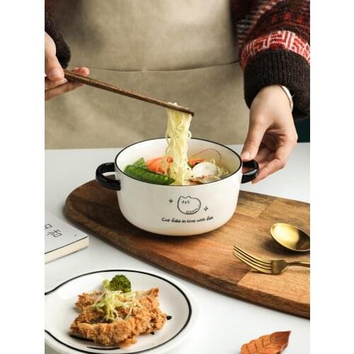 Ins Popular 6 Inch Cute Cat & Fish Under Glazed Ceramic Bowls With Lid Large Capacity Students Noodles Soup Bowl Cartoon 850ML