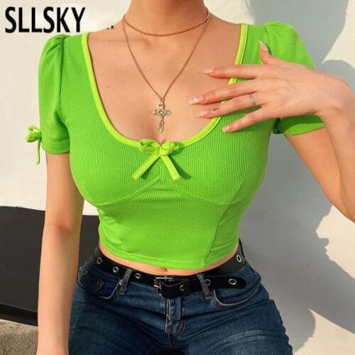 SLLSKY Hold Chest Short Sleeve Crop T Shirt Ladies Korean Fashion O-Neck Tee Women Casual Green Tee Tops Female Streetwear 2020