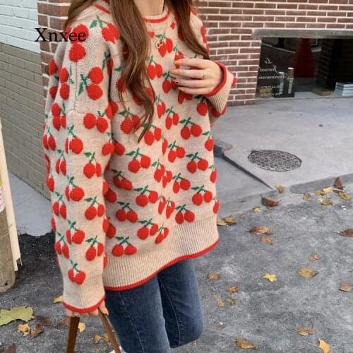 Embroidered Cherry Sweater Womens Cute Knitted Long Sleeve Tops 2021 Fall Winter Fashion Kawaii Harajuku Oversized Pullover