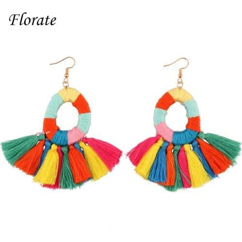 Florate Statement Drop Dangle Pom Pom Silk Thread Earrings Women Design Handmade Colorful Rope Tassel Pendant Bohemian Earrings