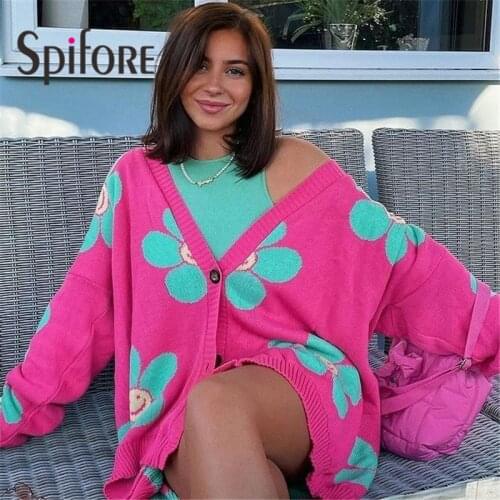 Spifore Loose Oversized Cardigans Women Fashion Winter Knitted Casual Y2K Sweater Korean Style Long Sleeve Floral Cardigan 2021