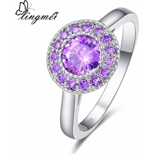 Lingmei New Round Sparkling Purple Cubic Zirconia Silver Color Ring Size 6 7 8 9 Elegant Luxury Women Jewelry Parrty Gift