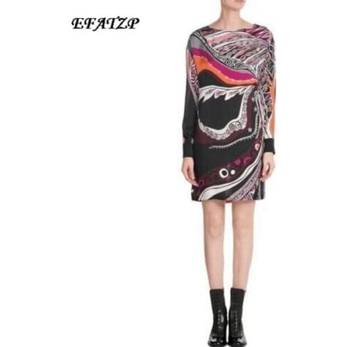 2016 Runway Designer Dress Womens High Quality Vintage Long Sleeve Colorful Abstract Print Plus Size XXL Jersey Silk Dress