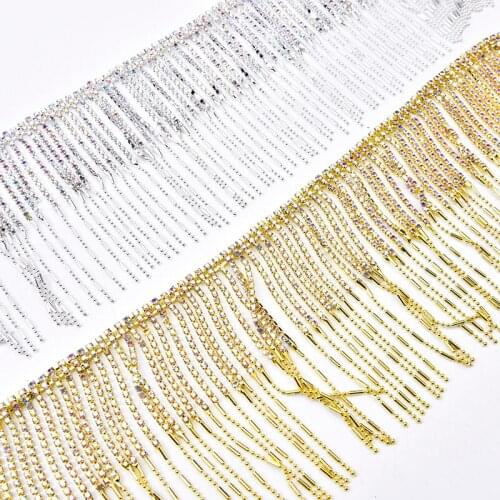 1 Yard High Quality Gold Plating Fringe Chain DIY Crystal AB Rhinestone Long Tassel Trim Sew on Glass Clothes Wedding Decoration