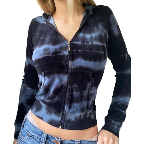 2021 Fashion Y2K Tie-Dye Print Hoodies Women Long Sleeve Zip Up Slim Hooded Sweatshirt Harajuku Casual Coat Jacket Streetwear