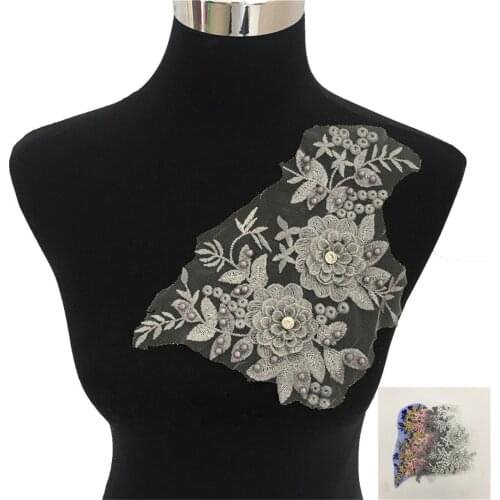 3D Flower Embroidery Applique Beaded Bridal Lace Trim DIY Wedding Dress Decor