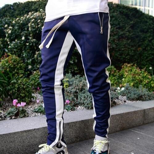 Pants Men Stylish Color Block Zip Pockets Drawstring Sports Skinny Pants Trousers