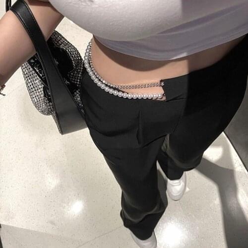 Black Drape Wide-leg Pants Womens High Waist Sexy Pearl Rhinestone Waist Chain Design Suit Pants Fashion Trend Casual Trousers