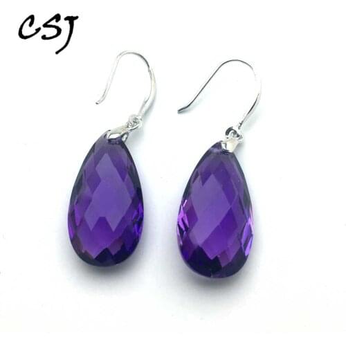 CSJ Amethyst Earring Sterling 925 Silver natural gemstone 28Ct checkboard pear cut Fine Jewelry For Women Lady Gift