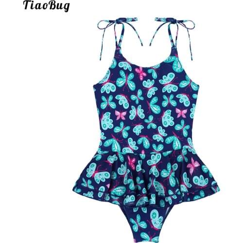 TiaoBug Kids Girls One-Piece Print Swimming Jumpsuit Adjustable Self Tie Straps Swimming Bodysuit With Ruffle Hem Skirt Swimsuit