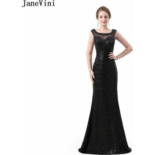 JaneVini BlingBling Sequined Mermaid Long Bridesmaid Dresses Scoop Neck Beading Illusion Back Sexy Black Prom Party Formal Dress